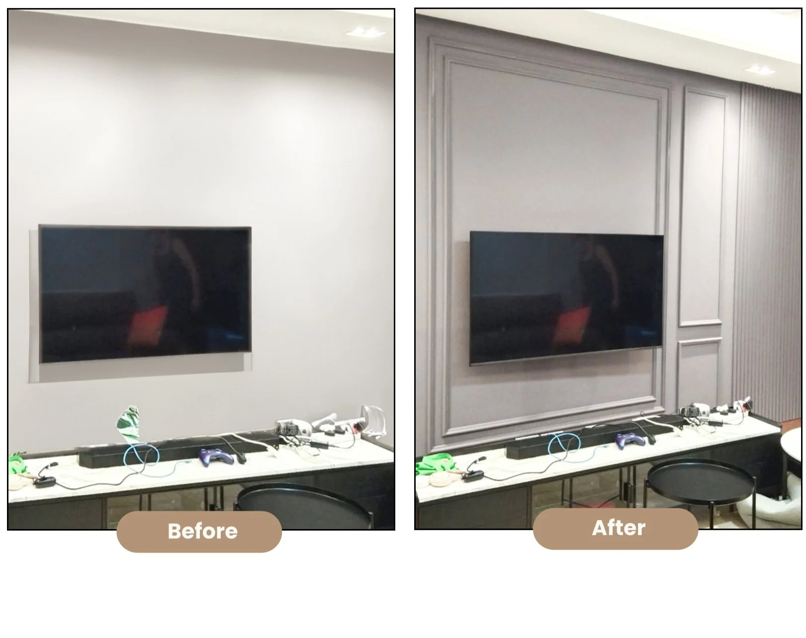 Plain TV wall transformed with decorative wainscoting